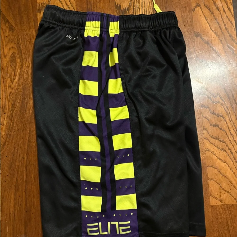 Nike Elite Black and Purple Athletic Shorts with Yellow Accents - Picture 2 of 3
